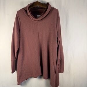 New York Laundry Cowl Neck Sweater - Mauve, button detail, asymmetrical hem